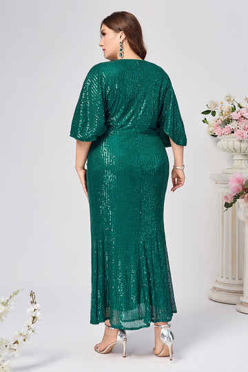 Robe longue mère de la mariée sirène vert foncé scintillante avec manches